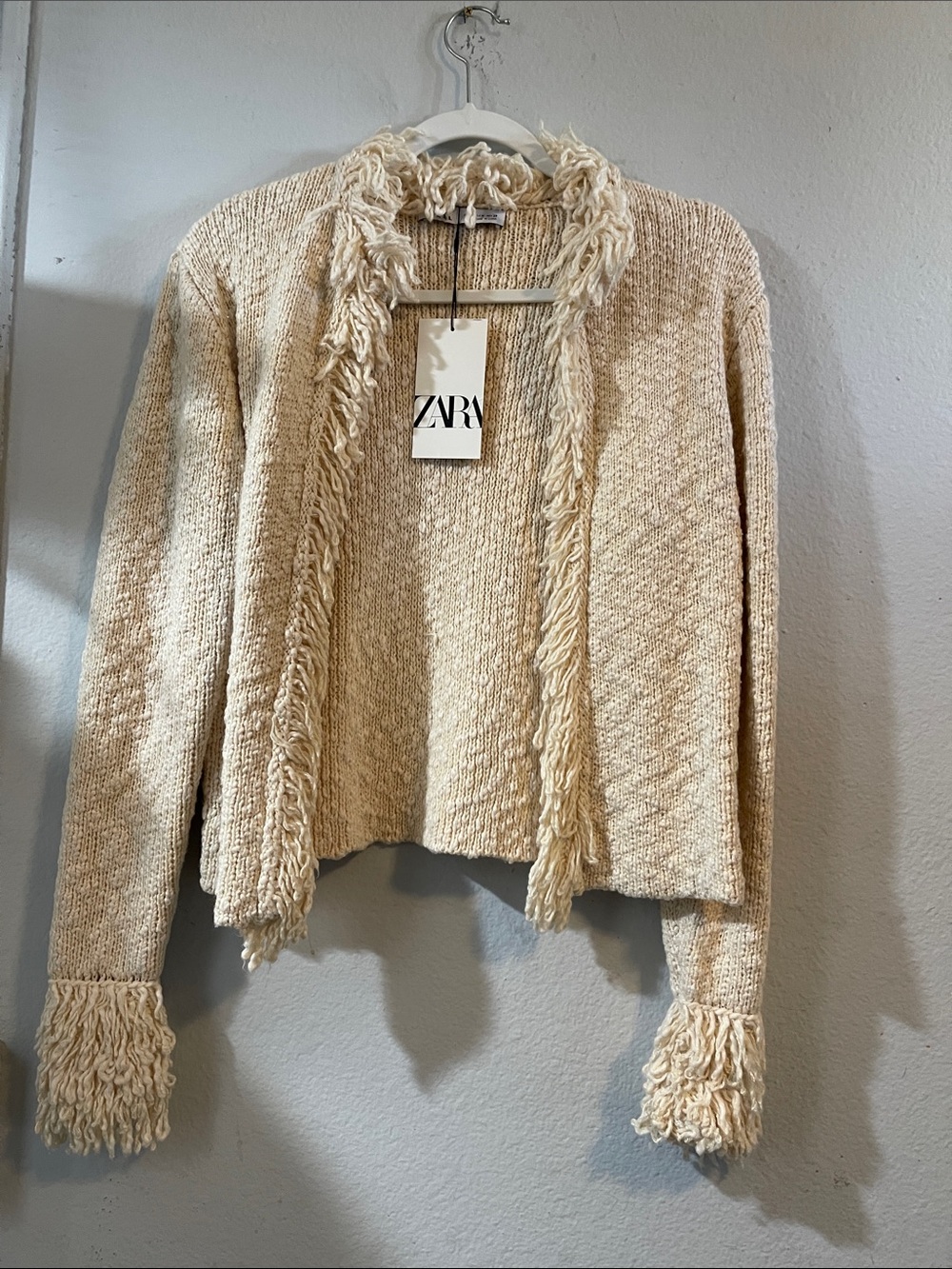 ZARA Cream Fringe-Trim Open Cardigan